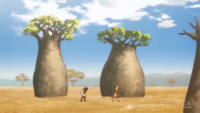 バオバブの疎林を行くサーバルとカバン